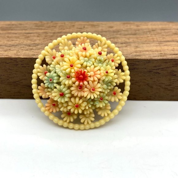 Vintage Carved Celluloid Brooch, Cream Colored Flowers, Colorful Romantic Floral